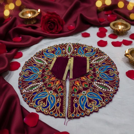 Classic Maroon Poshak for Ladoo Gopal Ji – Velvet Peacock Embroidered Poshak
