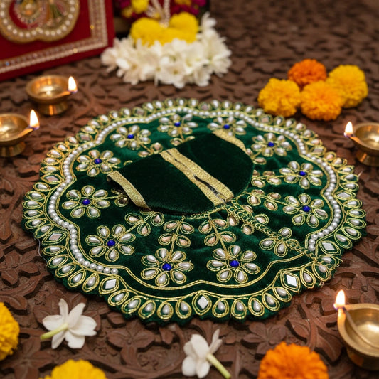 Heavy Stone Embroidered Green Velvet Poshak for Ladoo Gopal Ji