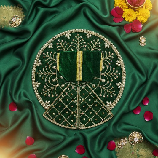 Royal Green Velvet Laddu Gopal Ji Poshak | Premium Pearl & Stone Embroidered Dress