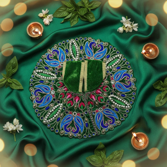 Classic Emerald Green Poshak for Ladoo Gopal Ji – Velvet Peacock Embroidered Poshak