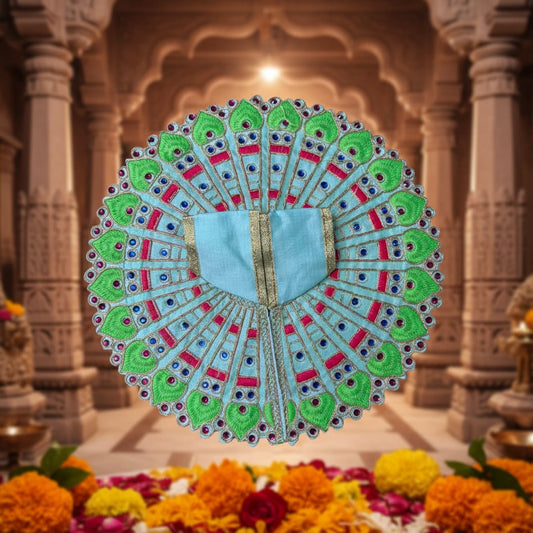 Sky Blue & Green Peacock Embroidered Laddu Gopal Ji Poshak