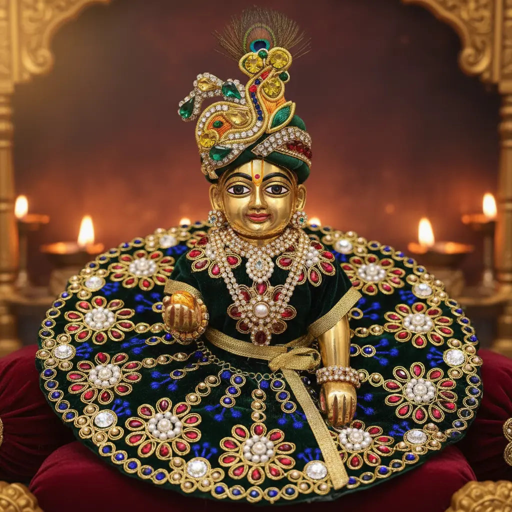 Premium Green Velvet Dress for Ladoo Gopal Ji – Heavy Stone & Thread Embroidered Poshak