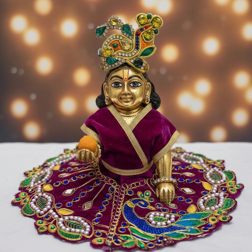 Maroon Designer Peacock Velvet Poshak for Thakur Ji – Heavy Embroidered Dress