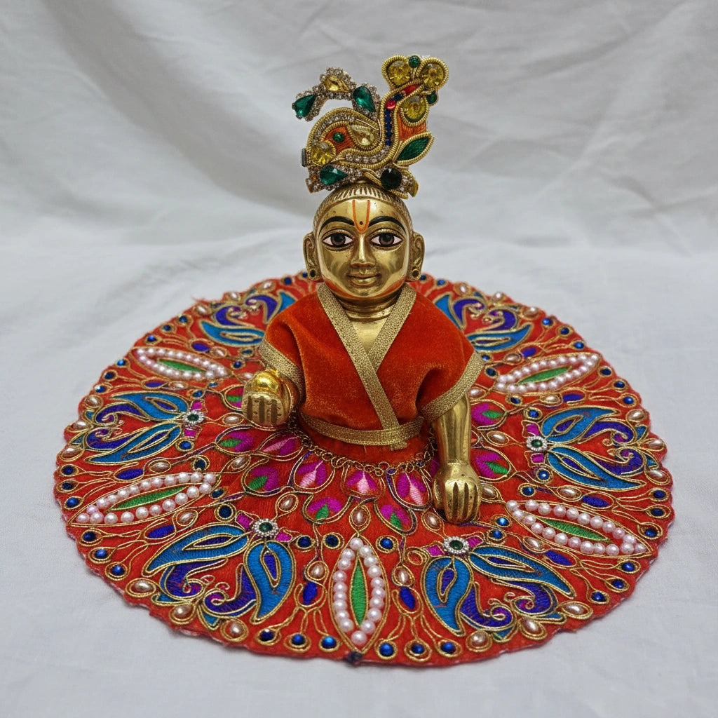 Classic Orange Poshak for Ladoo Gopal Ji – Velvet Peacock Embroidered Poshak