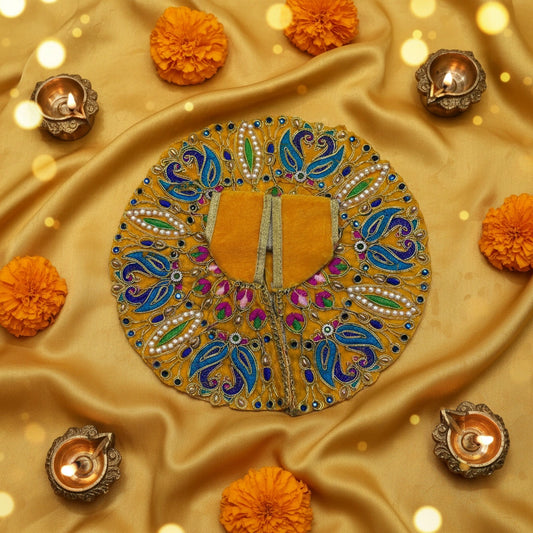 Classic Yellow Poshak for Ladoo Gopal Ji – Velvet Peacock Embroidered Poshak
