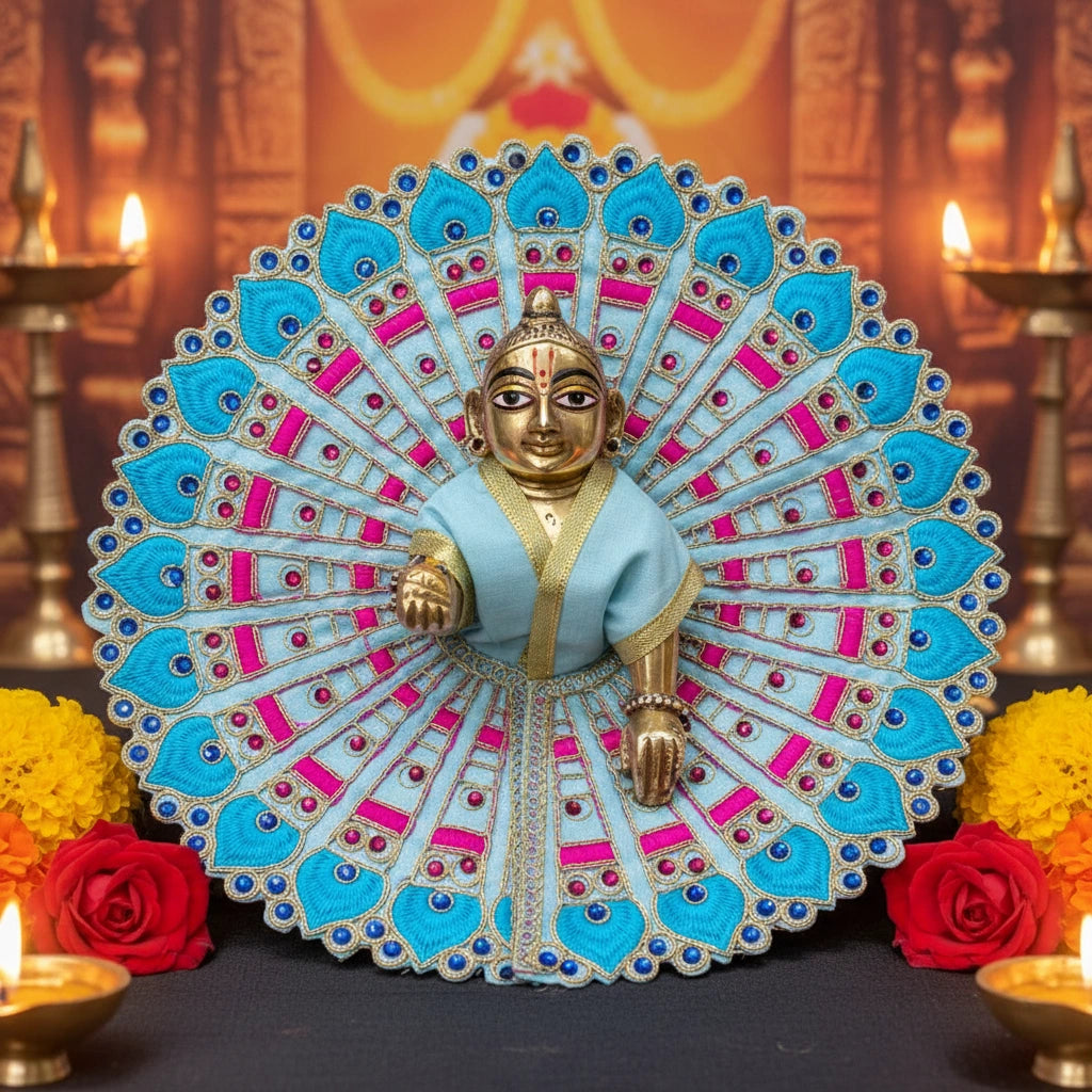 Sky Blue Peacock Embroidered Laddu Gopal Ji Poshak