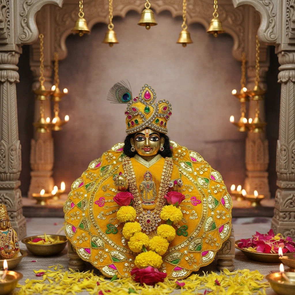 Mustard Yellow Heavy Sequin Work Laddu Gopal Poshak with Velvet Fabric | Designer Embroidered Dress