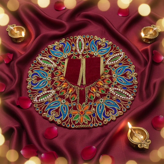 Classic Red Poshak for Ladoo Gopal Ji – Velvet Peacock Embroidered Poshak