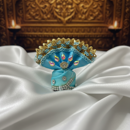 Premium Sky Blue Ladoo Gopal Ji Pagdi | Decorative Krishna Turban with Stones & Golden Lace