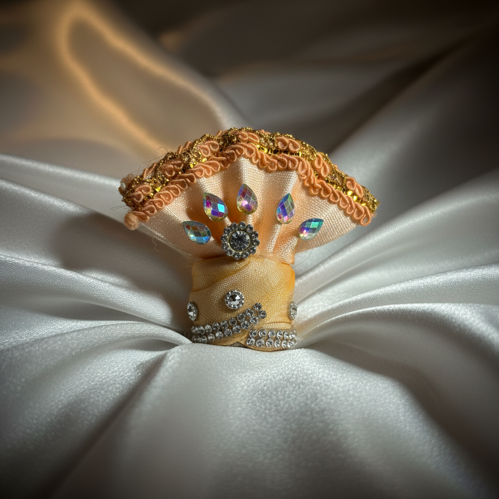 Premium Peach Ladoo Gopal Ji Pagdi | Elegant Krishna Turban with Stones & Golden Lace