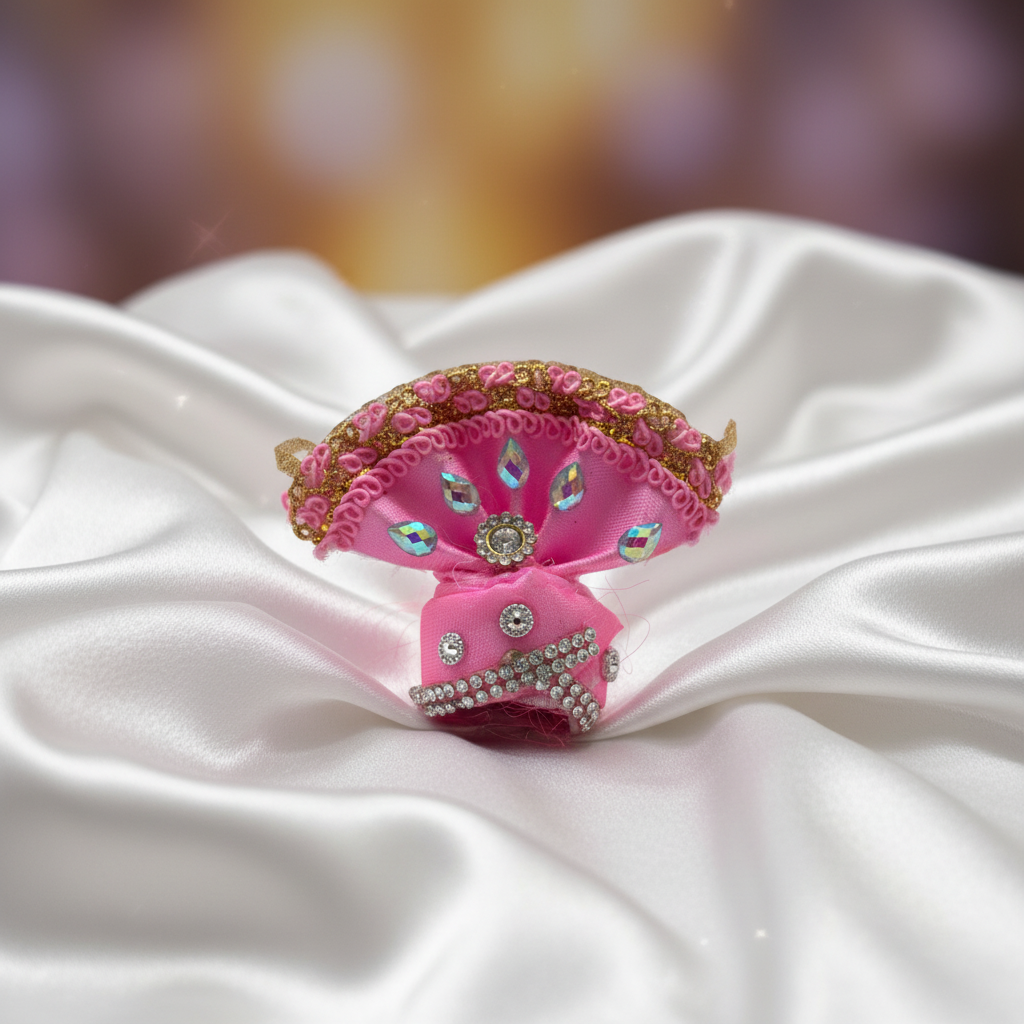 Premium Pink Ladoo Gopal Ji Pagdi | Decorative Krishna Turban with Stones & Golden Lace