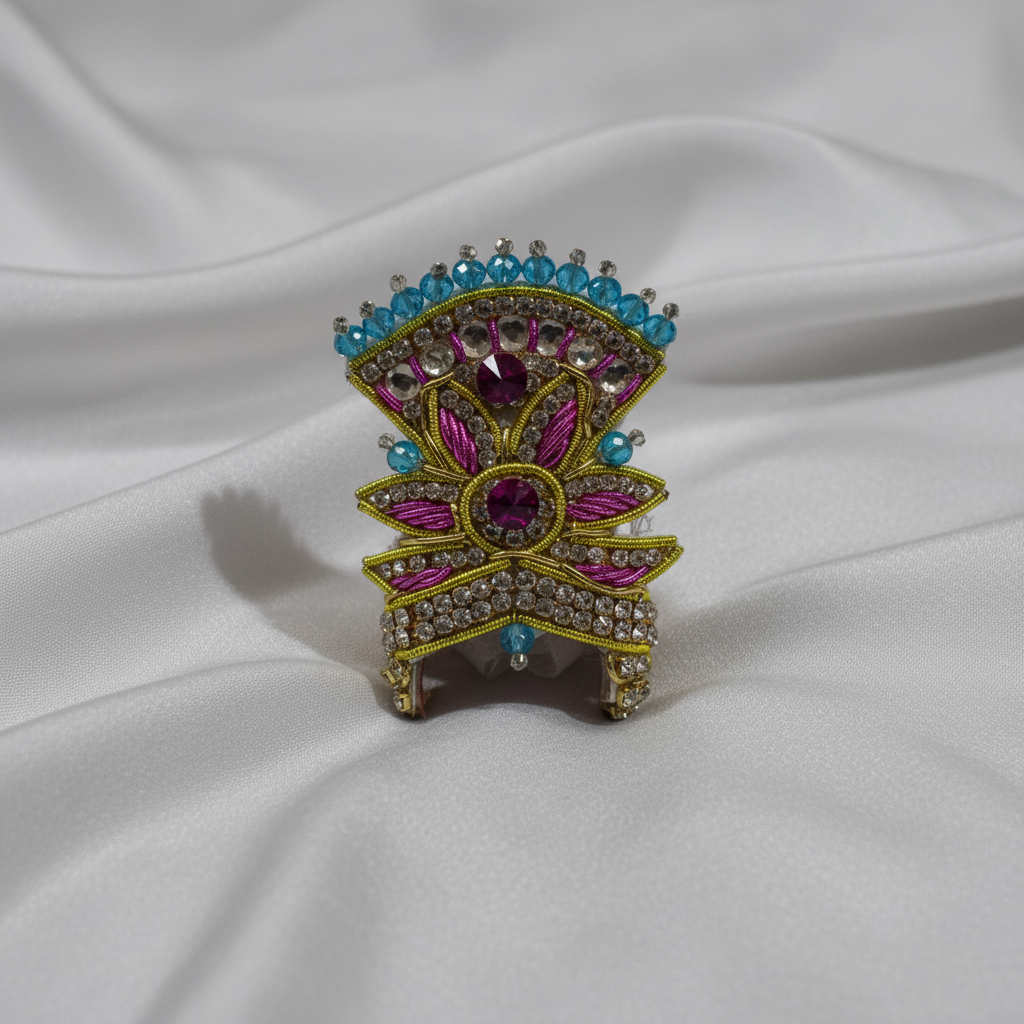 Premium Lotus Design Ladoo Gopal Mukut | Pink & Blue Stone Krishna Crown