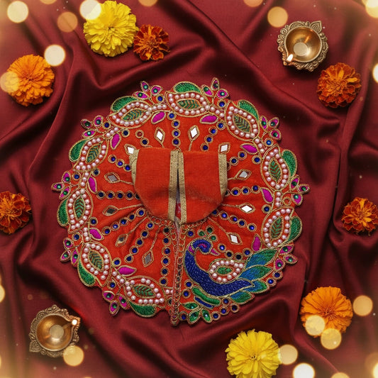 Orange Velvet Poshak for Thakur Ji – Designer Peacock Heavy Embroidered Dress