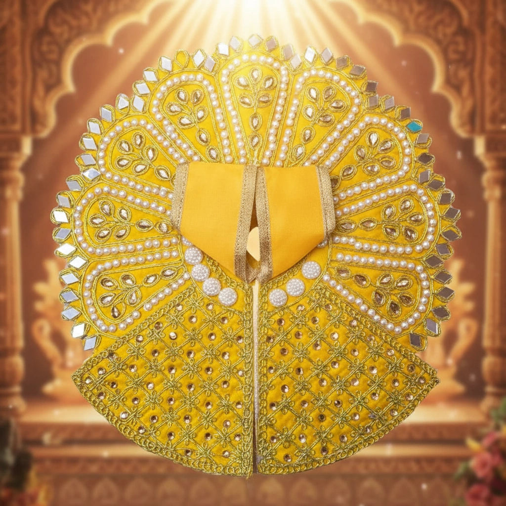 Yellow Laddu Gopal Poshak with Heavy Zari, Pearl & Mirror Work