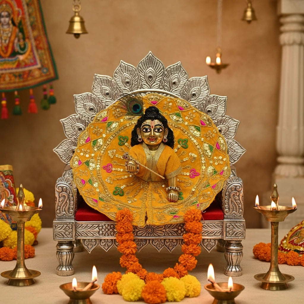 Mustard Yellow Heavy Sequin Work Laddu Gopal Poshak with Velvet Fabric | Designer Embroidered Dress