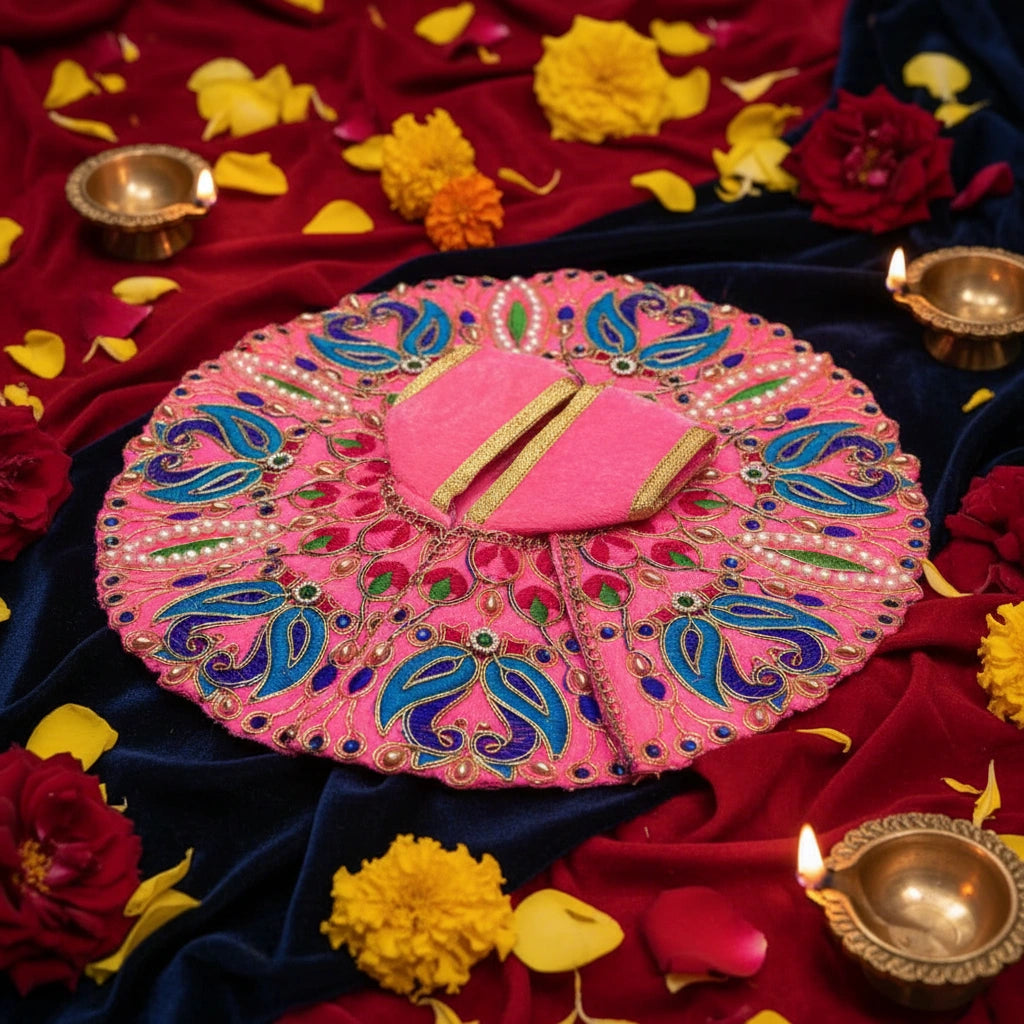 Classic Pink Poshak for Ladoo Gopal Ji – Velvet Peacock Embroidered Poshak