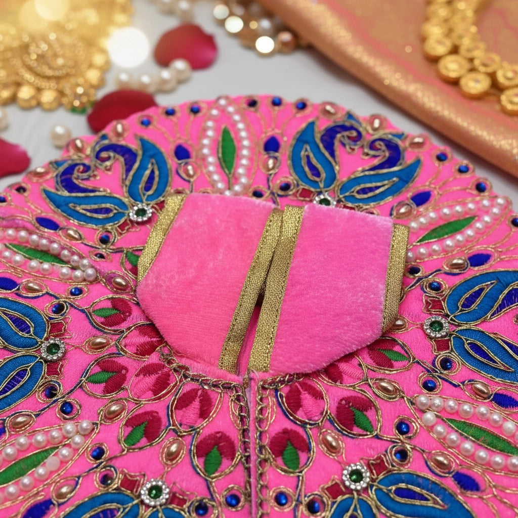 Classic Pink Poshak for Ladoo Gopal Ji – Velvet Peacock Embroidered Poshak