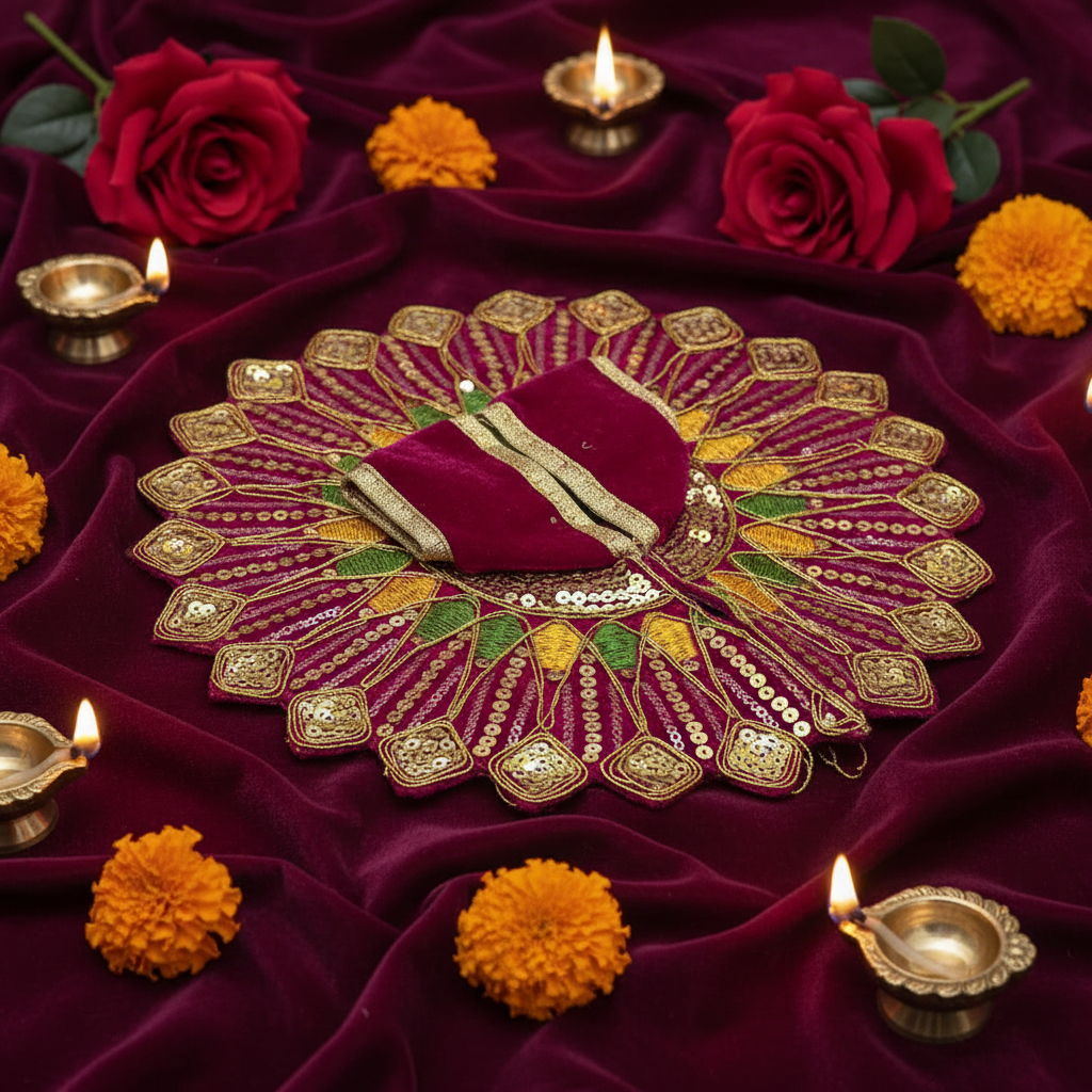 Ladoo Gopal Poshak Wine Red Velvet Peacock Poshak | Krishna Ji Warm Shringar