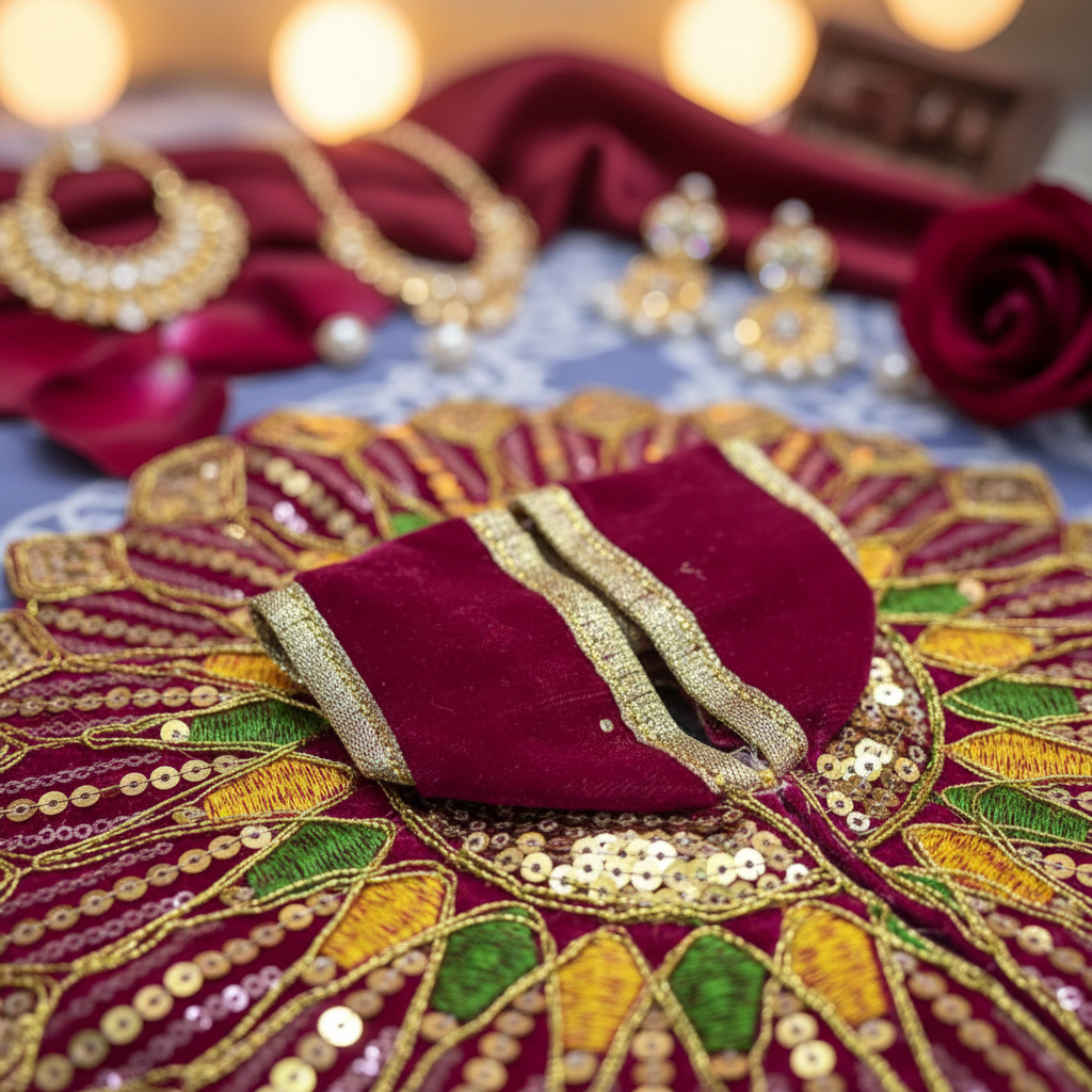 Ladoo Gopal Poshak Wine Red Velvet Peacock Poshak | Krishna Ji Warm Shringar