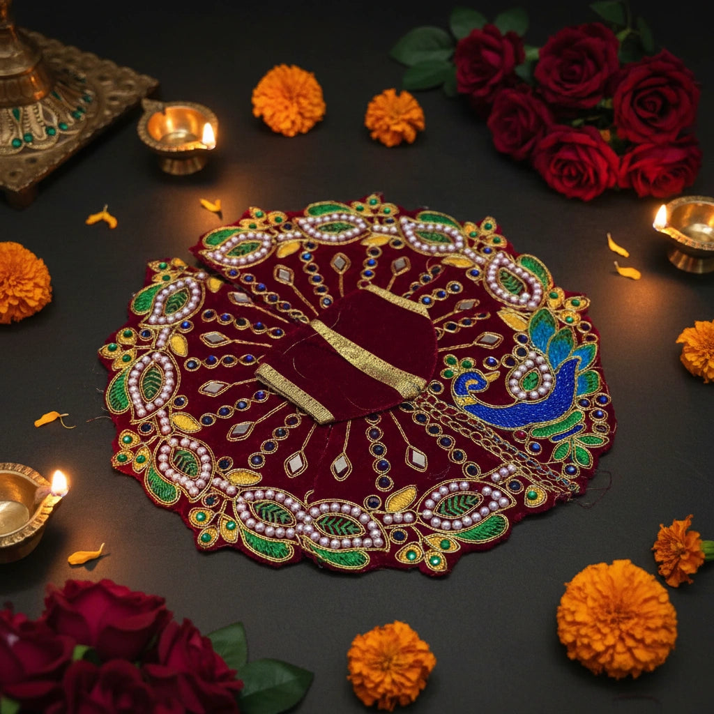 Red Velvet Poshak for Thakur Ji – Designer Peacock Heavy Embroidered Dress