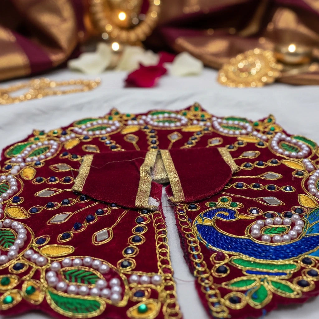 Red Velvet Poshak for Thakur Ji – Designer Peacock Heavy Embroidered Dress