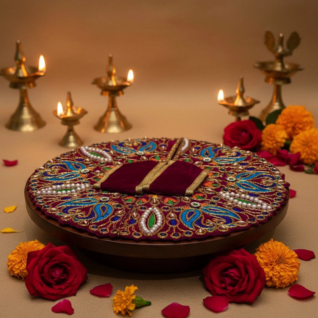 Classic Maroon Poshak for Ladoo Gopal Ji – Velvet Peacock Embroidered Poshak