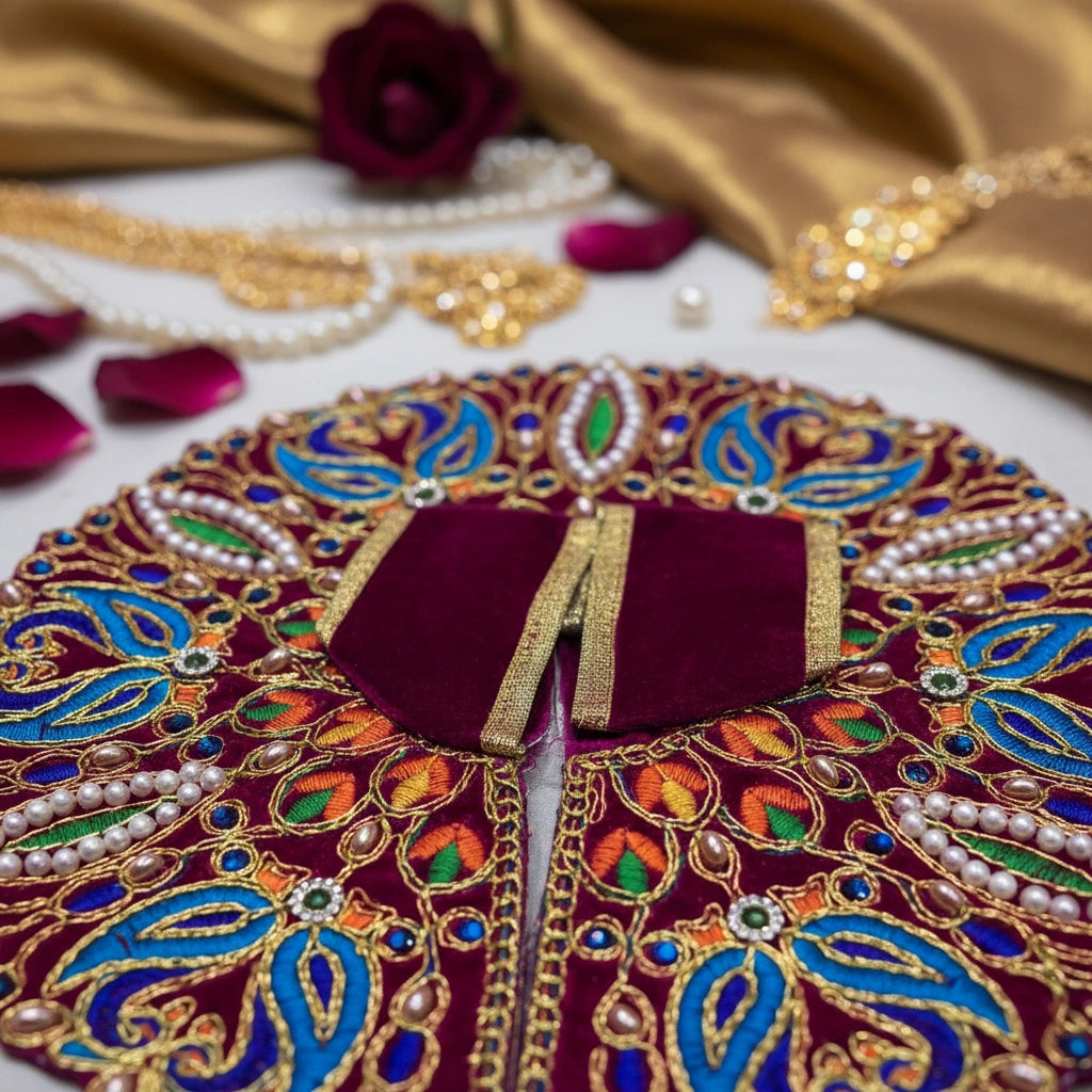 Classic Maroon Poshak for Ladoo Gopal Ji – Velvet Peacock Embroidered Poshak