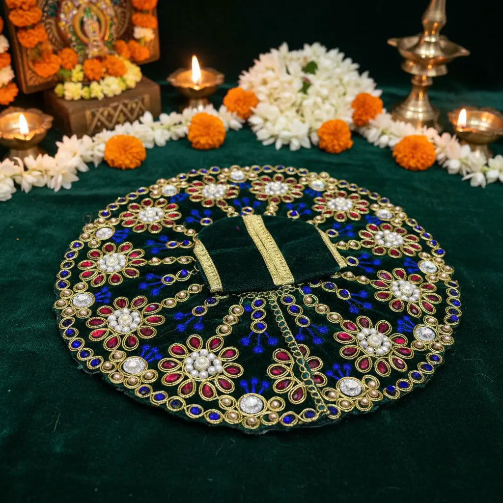 Premium Green Velvet Dress for Ladoo Gopal Ji – Heavy Stone & Thread Embroidered Poshak