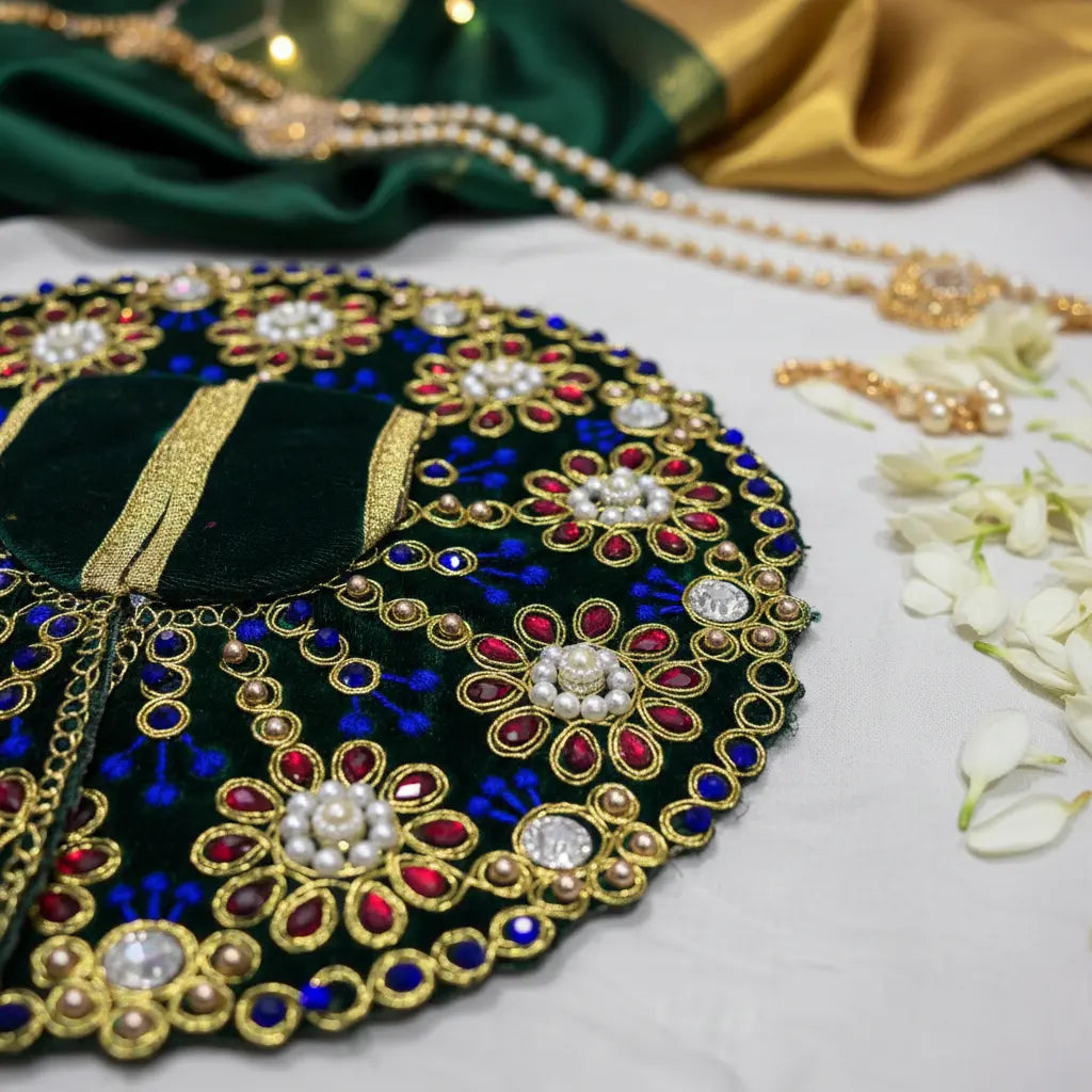 Premium Green Velvet Dress for Ladoo Gopal Ji – Heavy Stone & Thread Embroidered Poshak