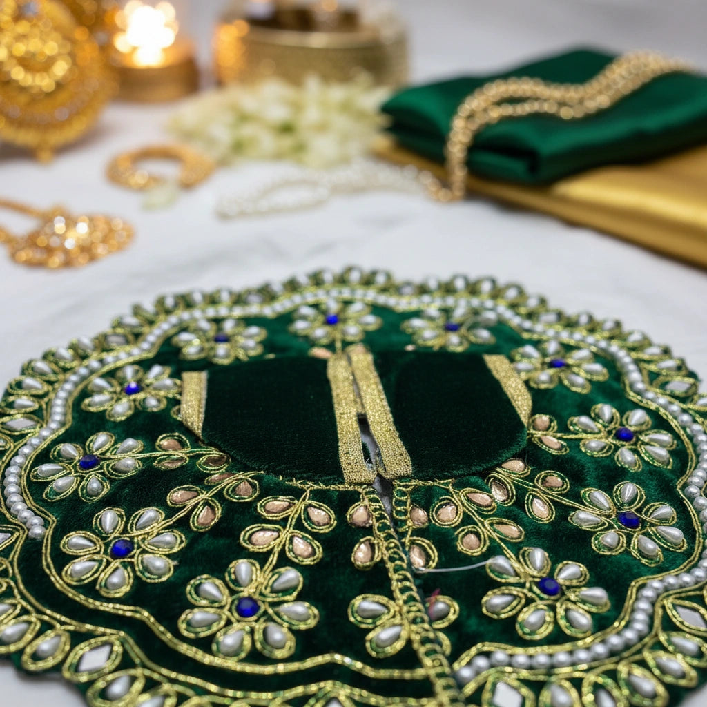 Heavy Stone Embroidered Green Velvet Poshak  for Ladoo Gopal Ji