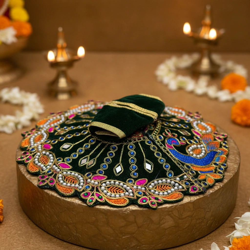 Green Designer Peacock Velvet Poshak for Thakur Ji – Heavy Embroidered Dress