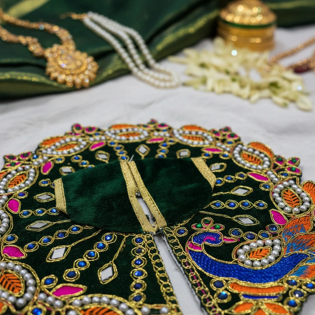 Green Designer Peacock Velvet Poshak for Thakur Ji – Heavy Embroidered Dress