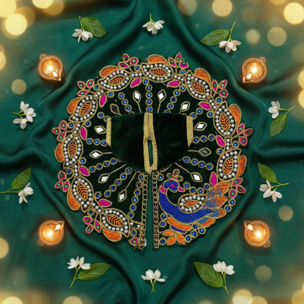 Green Designer Peacock Velvet Poshak for Thakur Ji – Heavy Embroidered Dress