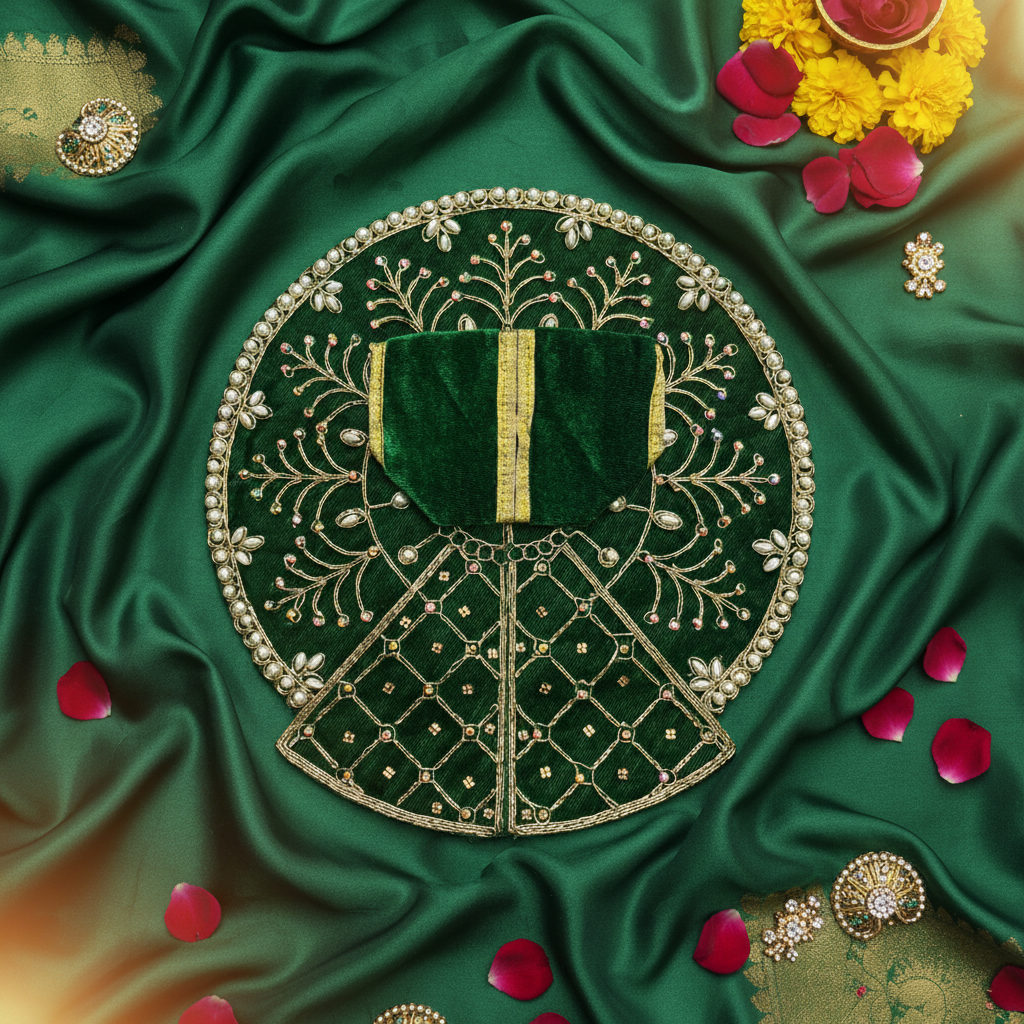 Royal Green Velvet Laddu Gopal Ji Poshak | Premium Pearl & Stone Embroidered Dress