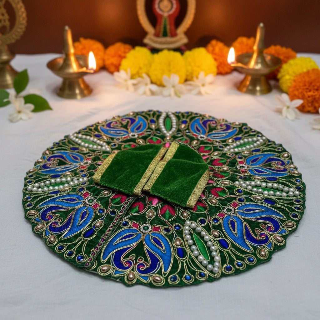 Classic Emerald Green Poshak for Ladoo Gopal Ji – Velvet Peacock Embroidered Poshak