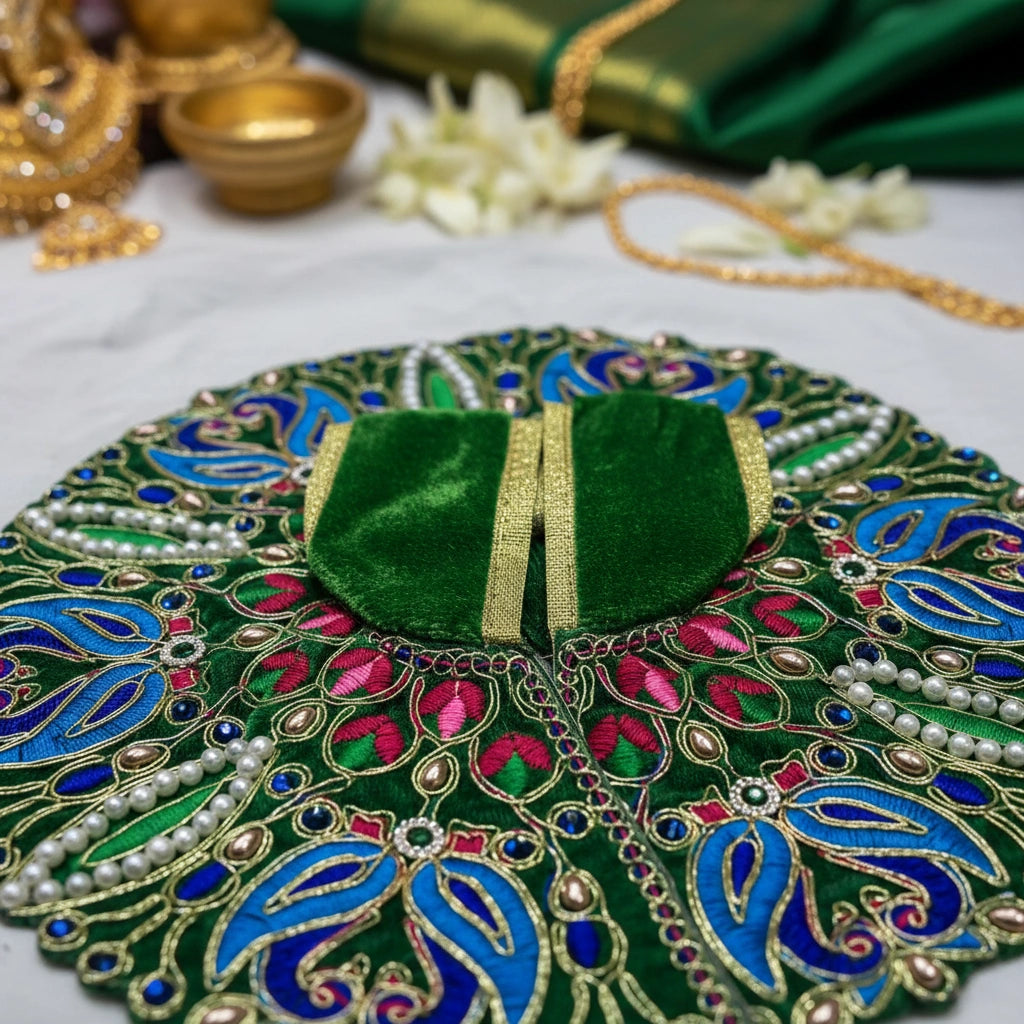 Classic Emerald Green Poshak for Ladoo Gopal Ji – Velvet Peacock Embroidered Poshak