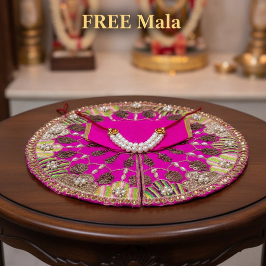 Rani Pink Multicolor Laddu Gopal Ji Summer Poshak – Floral Zari Handwork Dress for Thakur Ji