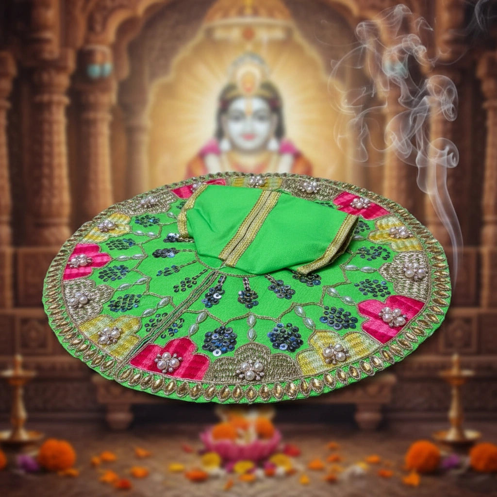 Green Multicolor Laddu Gopal Ji Summer Poshak – Floral Zari Handwork Dress for Thakur Ji