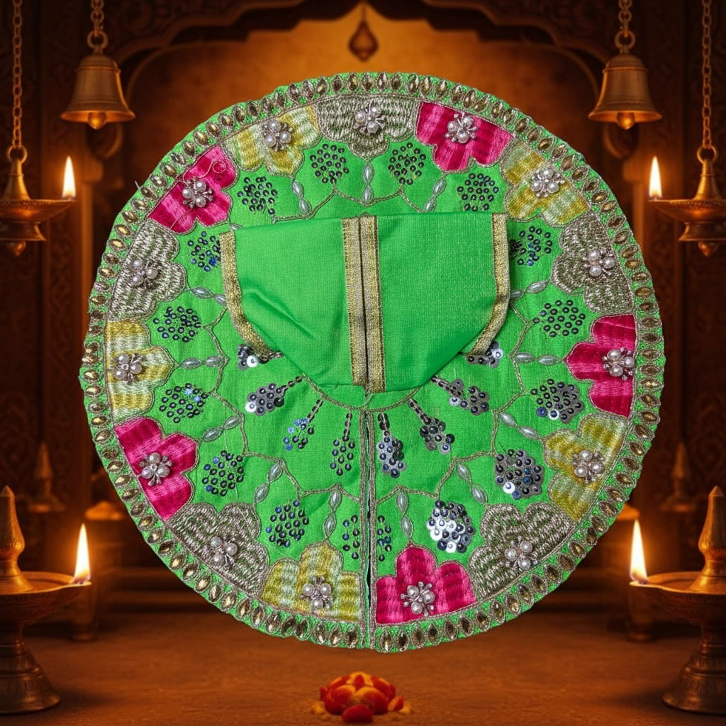 Green Multicolor Laddu Gopal Ji Summer Poshak – Floral Zari Handwork Dress for Thakur Ji