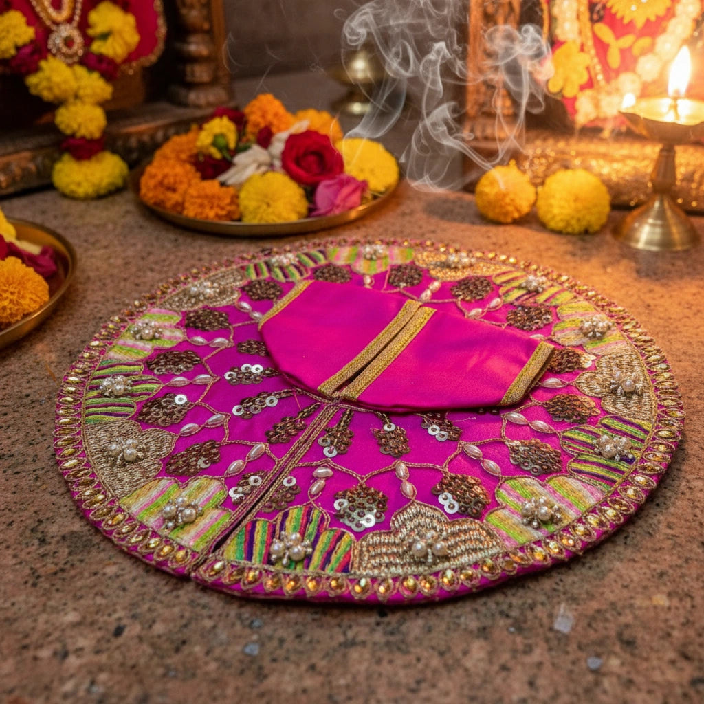 Rani Pink Multicolor Laddu Gopal Ji Summer Poshak – Floral Zari Handwork Dress for Thakur Ji