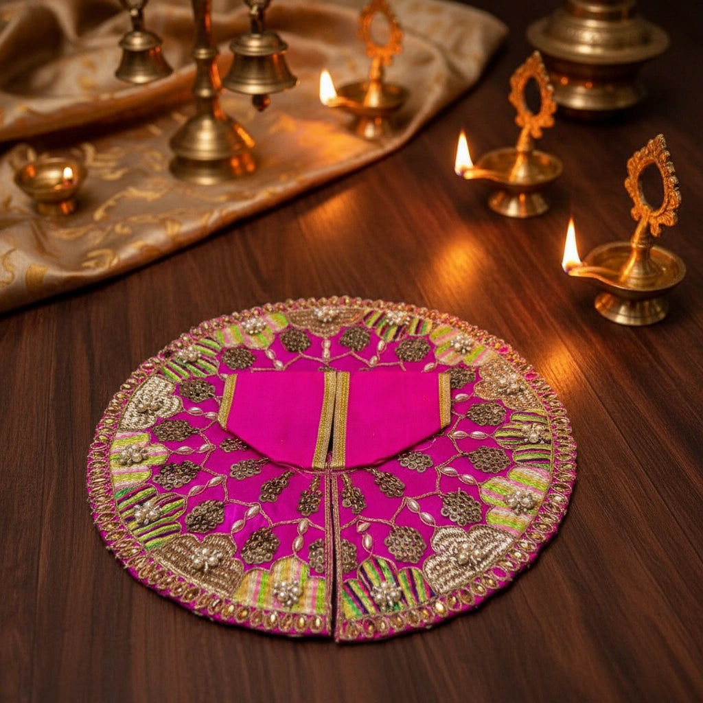 Rani Pink Multicolor Laddu Gopal Ji Summer Poshak – Floral Zari Handwork Dress for Thakur Ji