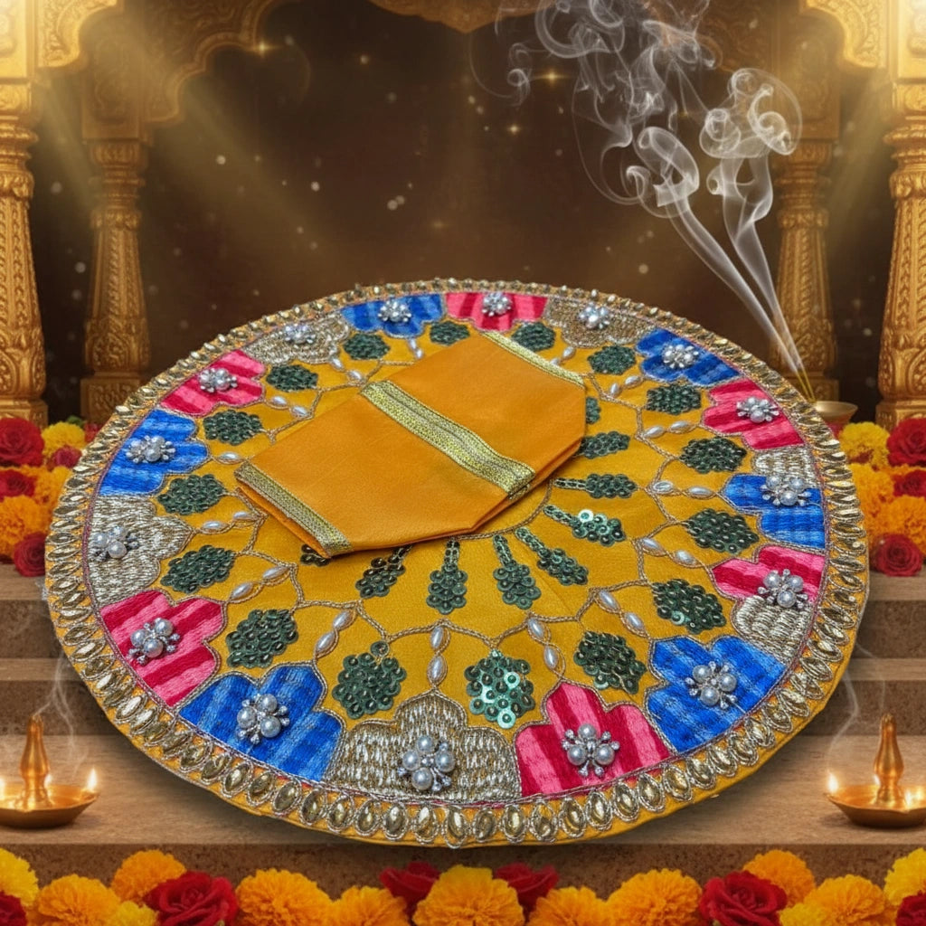 Yellow Multicolor Laddu Gopal Ji Summer Poshak – Floral Handwork Dress for Thakur Ji