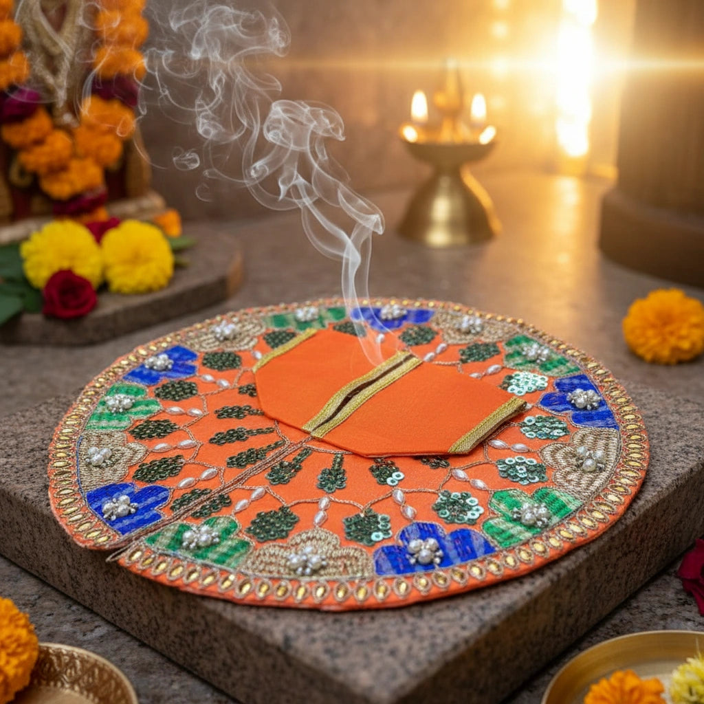 Orange Multicolor Laddu Gopal Ji Summer Poshak – Floral Zari Handwork Dress for Thakur Ji