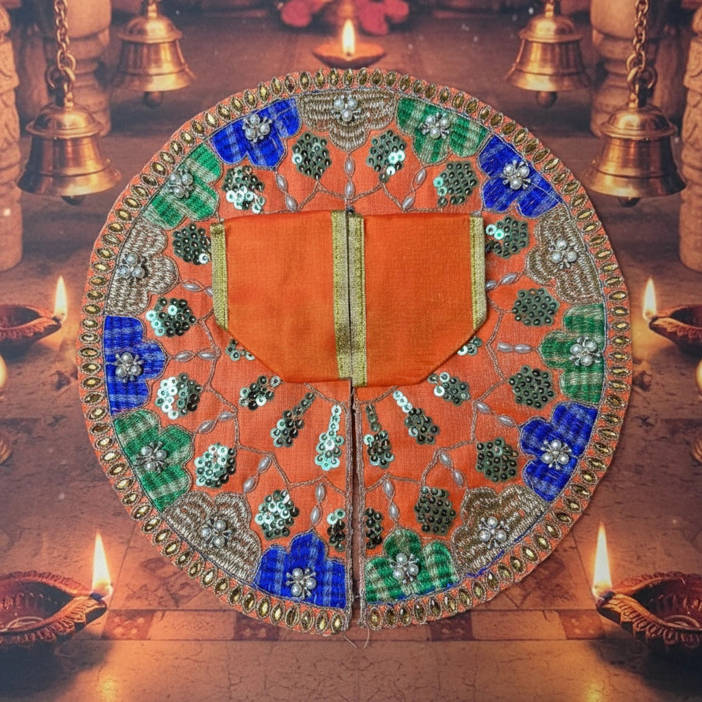 Orange Multicolor Laddu Gopal Ji Summer Poshak – Floral Zari Handwork Dress for Thakur Ji