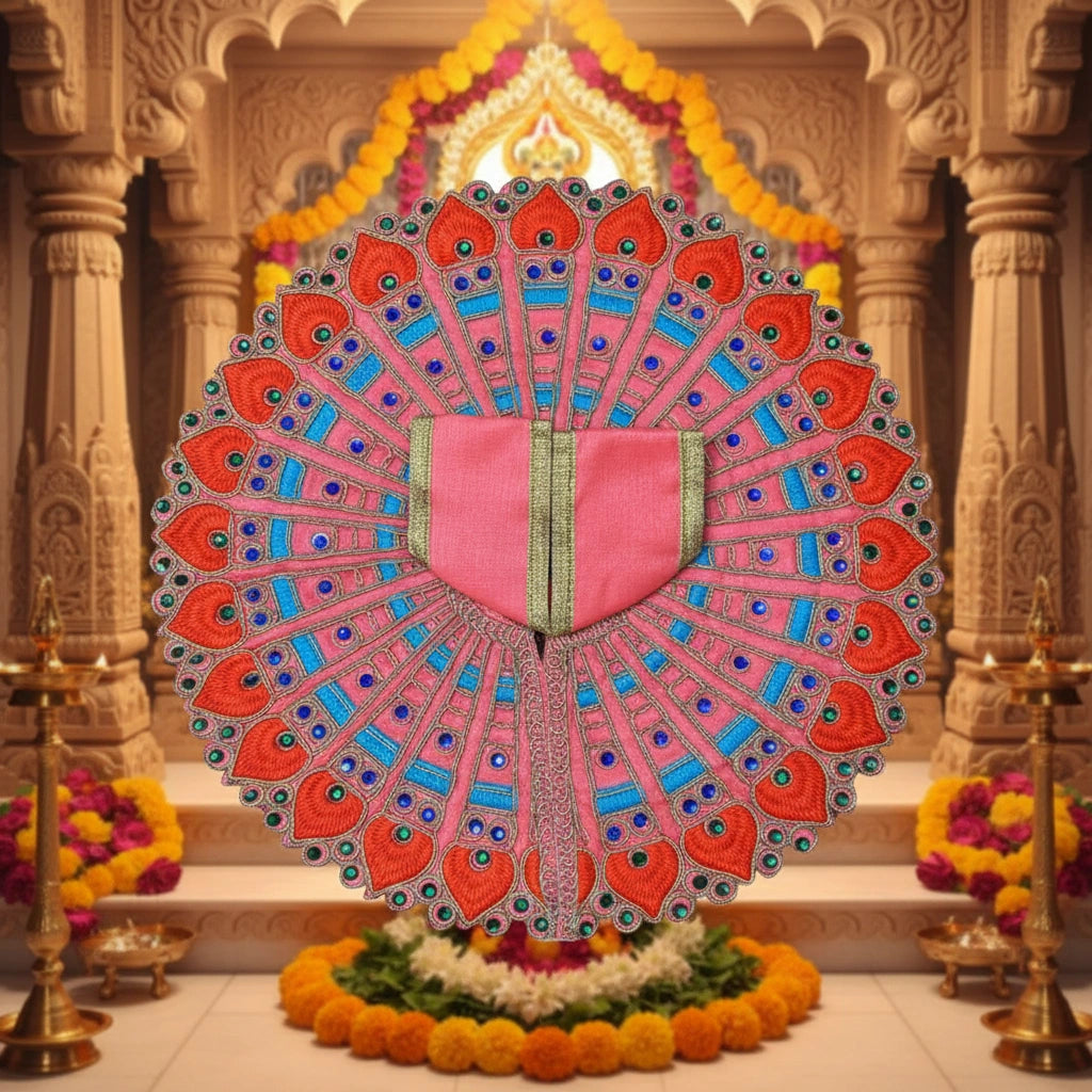 Pink & Orange Peacock Embroidered Laddu Gopal Ji Poshak