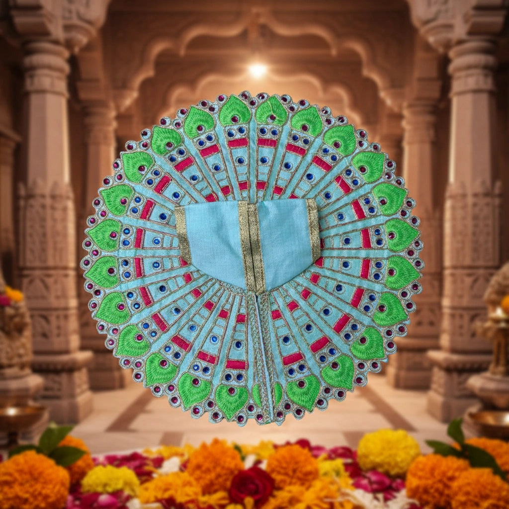 Sky Blue & Green Peacock Embroidered Laddu Gopal Ji Poshak
