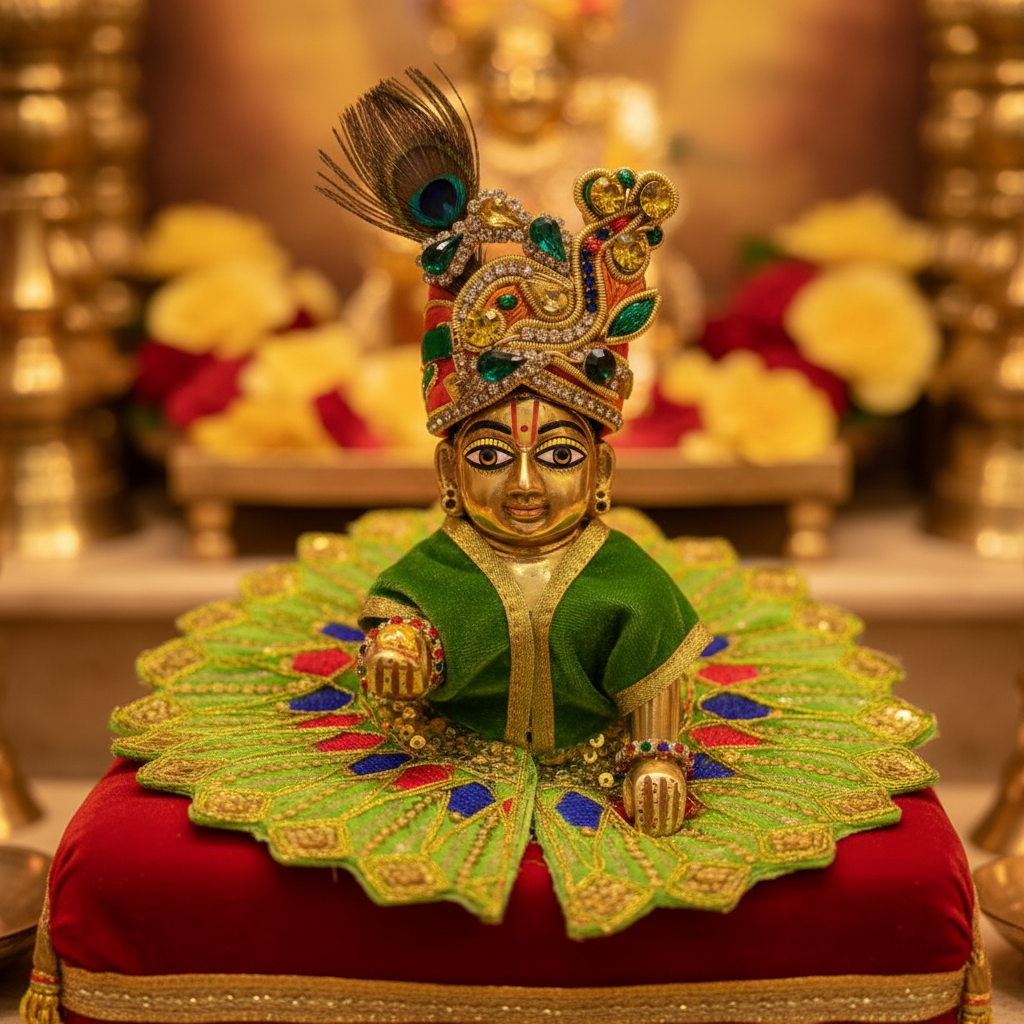 Ladoo Gopal Poshak Green Velvet Peacock Poshak | Krishna Ji Warm Shringar