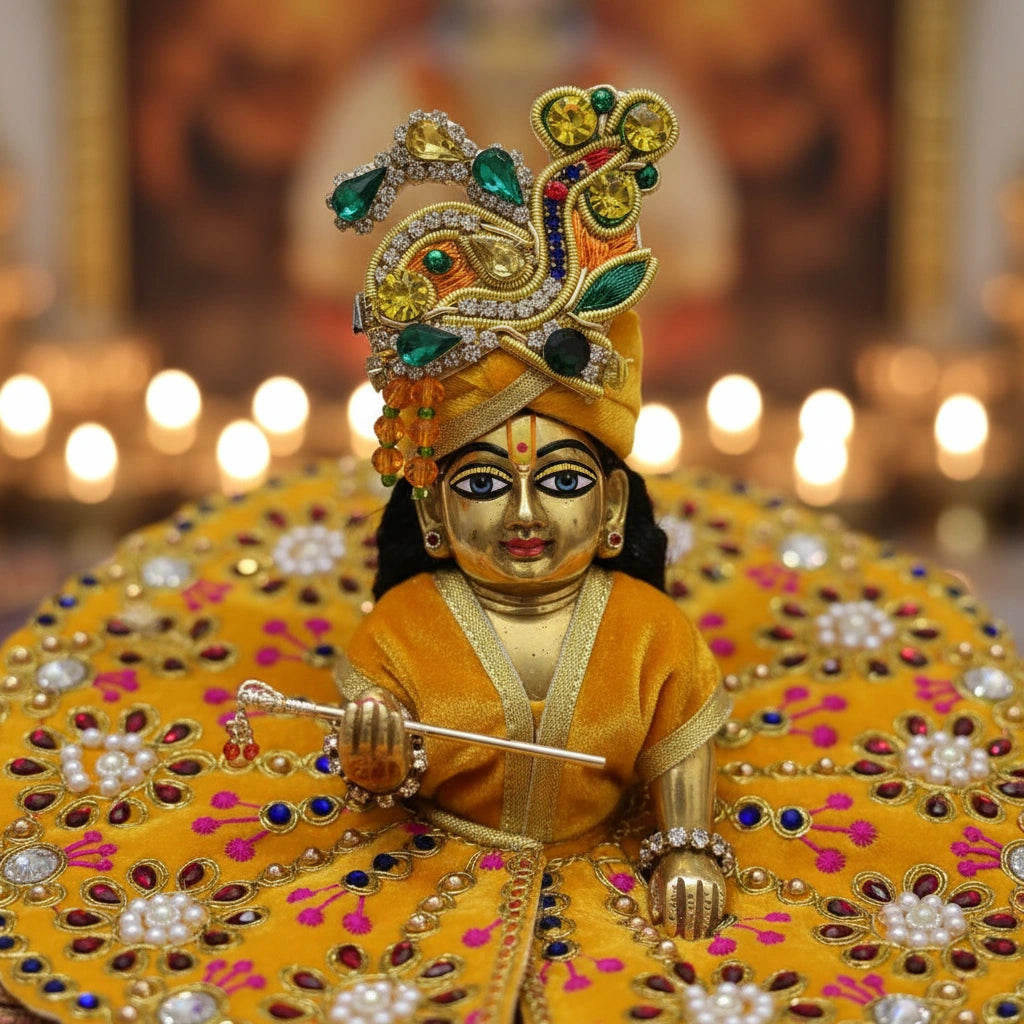 Premium Yellow Velvet Dress for Ladoo Gopal Ji – Heavy Stone & Floral Embroidered Poshak