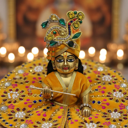 Premium Yellow Velvet Dress for Ladoo Gopal Ji – Heavy Stone & Floral Embroidered Poshak