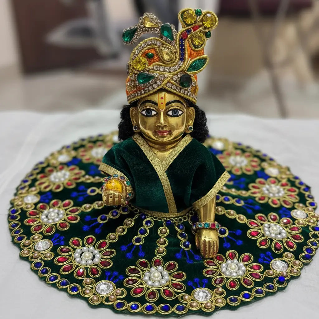 Premium Green Velvet Dress for Ladoo Gopal Ji – Heavy Stone & Thread Embroidered Poshak